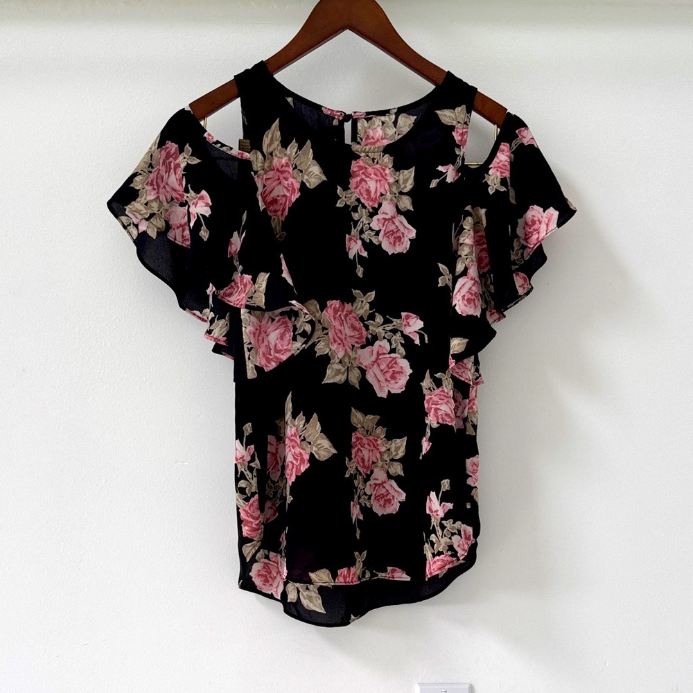 🌹 BCX Black Floral Blouse | XXS (Petite) | Elegant Rose Print | Button Back Neck